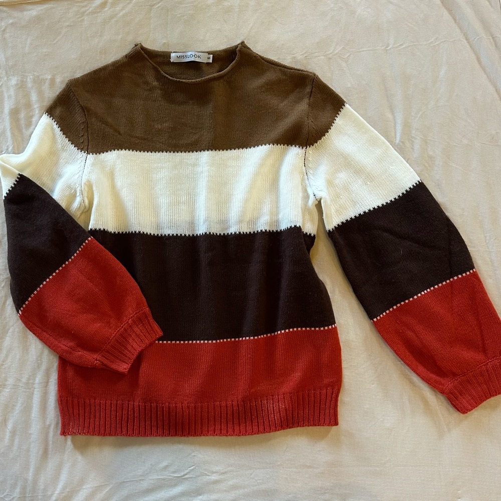MISSLOOK Brown Ivory Orange Striped Crewneck Sweater
